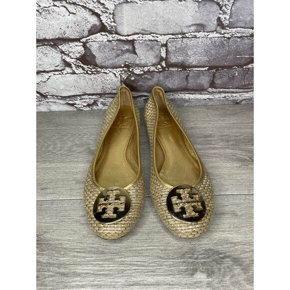 Tory Burch Straw Reva Gold Leather Logo Ballet Flats Women’s Sz 7.5M US/38EU - Picture 2 of 16